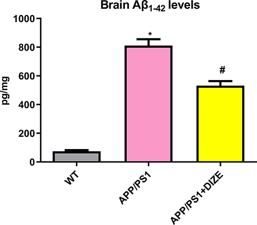 Figure 4 DIZE rescues the level of Aβ1–42 in APP/PS1 mice. ELISA assays of Aβ1–42 in the brain (n = 6 per group). All data are expressed as means ± SD. *P < 0.05 versus the WT group. #P < 0.05 versus the APP/PS1 group.