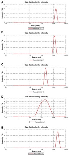 Figure 3 Size distribution of different formulations. (A) S1 (by intensity); (B) S2 (by intensity); (C) S3 (by intensity); (D) S4 (by intensity); (E) S5 (by intensity).