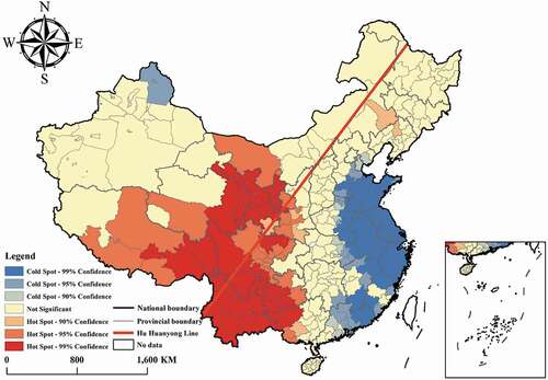 Figure 11. Hot spot analysis of actual utilization rate difference between intra-urban green space and peri-urban green space at the city level in China