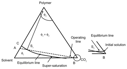 Figure 11 Ternary system for the supercritical antisolvent method.Note: Reprinted from Yulu W, Dave RN, Pfeffer R. Polymer coating/encapsulation of nanoparticles using a supercritical anti-solvent process. J Supercrit Fluids. 2004;28:85–99, Copyright 2004, with permission from Elsevier Limited.Citation18