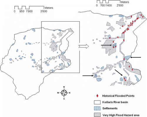 Fig. 9 Areas of very high flood hazard: settlements at risk and the reliability of the GIS model according to historical inundations.