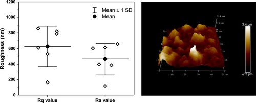 Figure 2 Atomic force microscopy. Plot of roughness values (average roughness – Ra and root-mean-square – Rq) from six atomic force microscopy (AFM) images of low-oxygen graphene (LOG) surface (Left panel) is shown. Data were obtained from 6 AFM images: data shown with diamonds, mean value with solid circle+line, and the standard deviation with whiskers. Representative AFM image from a random spot of LOG surface on glass coverslip is shown (Right panel).