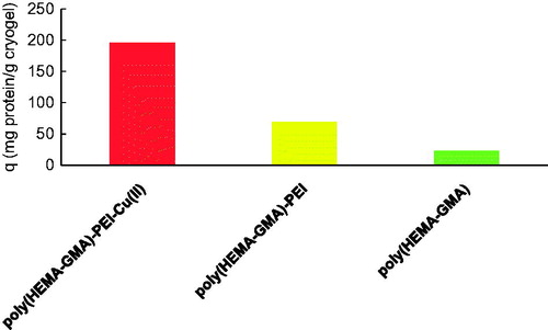 Figure 6. The hemoglobin adsorption performance comparison of poly(HEMA-GMA), poly(HEMA-GMA)-PEI and poly(HEMA-GMA)-PEI-Cu(II) cryogels.