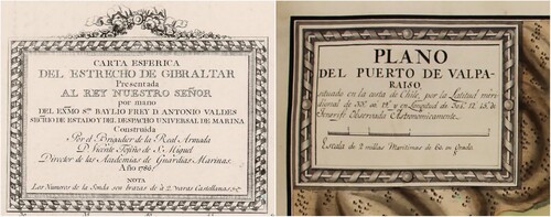 Fig. 4. Left: Title cartouche of the Gibraltar Strait chart in Vicente Tofiño de San Miguel, Atlas maritimo de España (Madrid, 1789). Biblioteca Nacional de España, Biblioteca Digital Hispánica. Right: Title cartouche of the plan of Valparaíso, 1786, in the Atlas maritimo, LOC. Compare the geometric borders included on Tofiño's Gibraltar Strait chart and the view of Valparaíso in the Atlas maritimo. Similar geometric designs can be identified across cartouches and legends in both works.