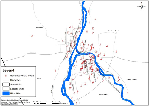 Figure 4 Geographical distribution of the residence practicing burning of household in Khartoum State.