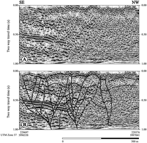 Figure 7. Seismic reflection profile (A) on the Sutaşı Fault and its interpretation (B). See the text for explanations. The vertical exaggeration is ~2.3x. For the location of the seismic profile, see Figure 6.