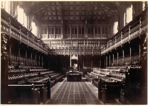 Figure 7. House of Commons debating chamber, 1868, showing the windows opened to ‘flush’ the chamber with fresh air.Source: Harrington (Citation1869, plate IX).