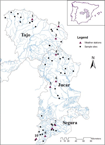 Figure 1. Map of study area: the Tajo, Júcar and Segura headwaters contained in Castilla-La Mancha Autonomous Community. Weather stations are marked with triangles, sample sites are marked with circles.