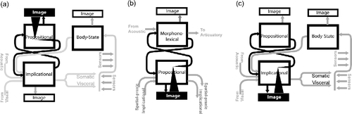 Figure 4 Three illustrations of different modes of attending to propositional and implicational meanings: (a) attention to propositional meaning within the central engine; (b) attention to meaning within the loop generating verbal expressions of propositions; and (c) attention to implicational meanings within the central engine.