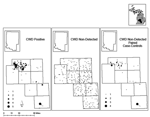 Figure 1. Distribution of sampled (a) chronic wasting disease (CWD) positive, (b) CWD non-detected, and (c) CWD non-detected paired control free-ranging white-tailed deer (Odocoileus virginianus) from 9 CWD-positive Michigan counties