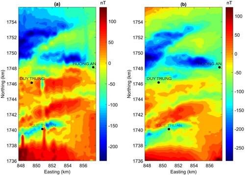 Figure 2. (a) Aeromagnetic anomaly map of the study area, (b) reduced-to-equator (RTE) aeromagnetic anomaly map of the study area.