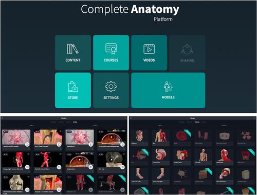 Figure 2 The Complete 3D Anatomy Interface. The all-in-one platform allows for the creation of content from course materials which include videos [self-made and ready-made], 3D human body models and the resources from the platform online store. On this platform, videos, audio, simulations and animations can all be created and integrated and made available to learners who also link with the platform or through the LMS. Note: Original figure captured from Complete 3D Anatomy, 2020, @3D4Medical.