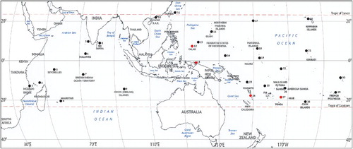 Figure 3. Geographic distribution of Upeneus taeniopterus. (1) Mozambique: Pinda Bank; (2) Seychelles: Aldabra Islands; (3) Seychelles: Mahé Island; (4) Mascarenes, Mauritius: Rodrigues; (5) India: Laccadives; (6) Maldives: Villingili Island; (7) British Indian Ocean Territory (BIOT), Chagos: Diego Garcia and Peros Banhos Atolls; (8) Sri Lanka: Trincomalee; (9) Australia, Cocos (Keeling) Islands; (10) People's Republic of China, Macau; (11) Japan, Ryukyu Islands: Ishigakijima; (12) Palau: Arakabesan Island; (13) Micronesia, Caroline Islands: Yap Island; (14) Mariana Islands: Saipan and Guam Islands; (15) Indonesia, Papua: Biak Island; (16) Micronesia, Caroline Islands: Pohnpei Island; (17) Wake Atoll (US territory); (18) Marshall Islands: Arno Atoll; (19) Kiribati, Gilbert Islands: Onotoa and Tarawa Atolls; (20) Hawaii (USA): Hilo, Molokai and Oahu Islands; (21) Line Islands (US territory): Palmyra Atoll; (22) Kiribati, Phoenix Islands: Canton Island; (23) Solomon Islands, Santa Cruz Islands: Fenualoa Island; (24) Vanuatu: Efate Island; (25) Fiji: Rotuma Island; (26) Samoa Islands; (27) Tonga: Vava'u Archipelago, Vava’u and Kapa Islands; (28) Cook Islands, Southern Cook Islands: Aitutaki Island; (29) French Polynesia, Society Islands: Tahiti Island; (30) French Polynesia, Tuamotu Archipelago: Rangiroa Island. New records are plotted in red.