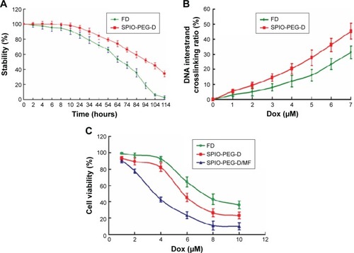 Figure 10 (A) Degradation curves of FD and SPIO-PEG-D over 114 hours. (B) DNA interstrand crosslinking in HT-29 cells after treatment with FD or SPIO-PEG-D for 24 hours. (C) Viability of HT-29 cells after incubation with FD, SPIO-PEG-D, or SPIO-PEG-D/MF (mean ± SD) (n=5).Abbreviations: FD, free doxorubicin; SPIO-PEG-D, superparamagnetic iron oxide with polyethylene glycol conjugated with doxorubicin; SPIO-PEG-D/MF, SPIO-PEG-D under magnetic field; SD, standard deviation.