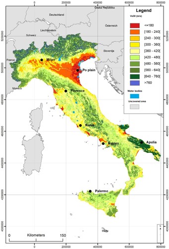 Figure 1. Italian map of VS30 (50° percentile) modified after CitationMori et al. (Citation2020). Po plain and Apulia, discussed in the text, are shown in the figure.