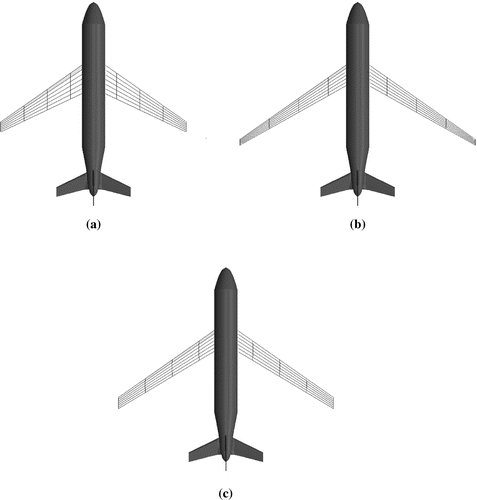 Figure 6. Multi-objective optimization aimed at minimising the acquisition price PAC and the annual negative cash flows NCFs: optimal wing systems. (a) Minimum aircraft acquisition price PAC, (b) Minimum airline negative cash flows NCFs, and (c) Trade-off solution (closer to the utopia point).