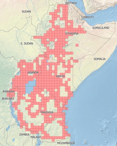 Figure 2. Grid cells (approximately 55 km × 55 km) within five countries in East Africa that were surveyed for the presence of alien plant species between 2008 and 2016.