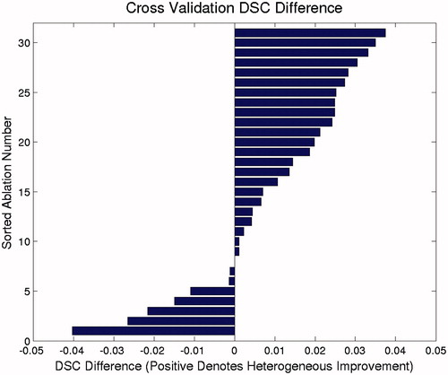 Figure 6. Relative model cross-validation performance for the 31 brain lesion ablations. The values displayed are the differences between the heterogeneous and homogeneous model cross-validation DSCs. Positive values denote cases in which the heterogeneous model performed better than the homogeneous model did in cross-validation, whereas negative values denote cases in which the homogeneous model performed better.