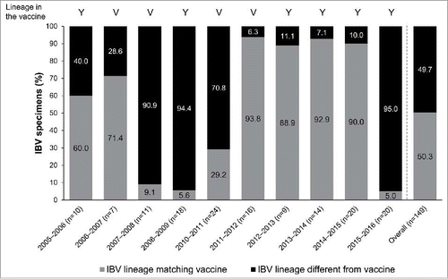 Figure 3. IBV circulation by lineage in Turkey during 2005–2016 (excluding the pandemic year [2009–2010]), by season and overall; and the proportions of IBV specimens tested that matched and mismatched the vaccine IBV lineage. IBV, influenza B virus; V, Victoria; Y, Yamagata.