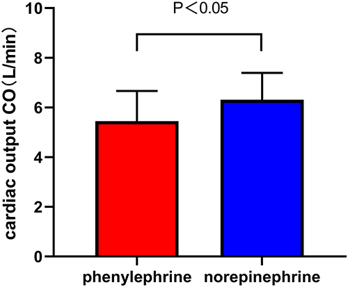 Figure 3 Bars show the area under the curve (AUC) for the two groups standardized for each patient by dividing by the number of data points recorded. Comparison of the calculated values for standardized AUC showed that CO was greater over time in the norepinephrine group versus the phenylephrine group (P = 0.009).