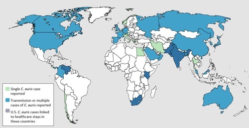 Figure 1 Countries from which Candida auris cases have been reported, as of December 31, 2019.Notes: Reproduced from CDC. Candida auris: A Drug-resistant Germ That Spreads in Healthcare Facilities. Available at: https://www.cdc.gov/fungal/candida-auris/tracking-c-auris.html. Accessed on 15 January 2020.Citation8 Content source: Centers for Disease Control and Prevention, National Center for Emerging and Zoonotic Infectious Diseases (NCEZID), Division of Foodborne, Waterborne, and Environmental Diseases (DFWED). Use of the material, including any links to the materials on the CDC, ATSDR or HHS websites, does not imply endorsement by CDC, ATSDR, HHS or the United States Government; reference to specific commercial products, manufacturers, companies, or trademarks does not constitute its endorsement or recommendation by the US Government, Department of Health and Human Services, or Centers for Disease Control and Prevention. The material is otherwise available on the agency website for no charge.