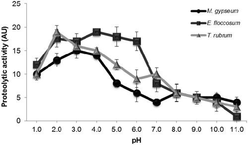 Figure 1. Effect of pH on the extracellular proteolytic activity of enzymes released from M. gypseum, E. floccosum and T. rubrum. Cells were grown in PDA medium for five days at room temperature. Subsequently, the culture supernatant was filtered, concentrated and tested for its ability to degrade soluble BSA at distinct pH values ranging from 1.0 to 11.0. The values represent the mean (± standard deviation) of three independent experiments, which were performed in triplicate.