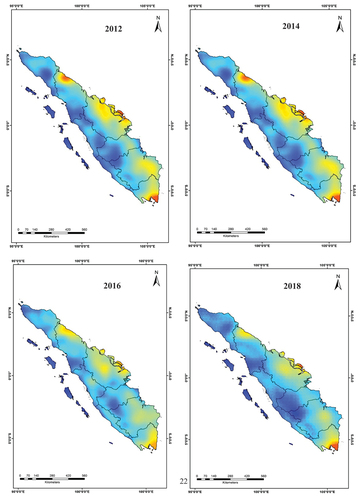 Figure 2. The VCDtrop NO2concentration over Sumatra during 2012–2020 (unit: 1015 molecule/cm2).