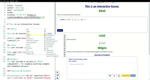 Fig. 1 Source and preview window of the lesson authoring tool. All entered content renders immediately in the live preview, and one can alter existing lessons and templates to adjust them to one’s needs. The editor offers several usability features to make the process of writing lessons easier, including autocompletion, tooltips, and drop-down and configuration menus for inserting components. Here the (opened) drop-down window is used to easily insert any of the configurable ISLE components. A WYSIWYG (What You See Is What You Get) editing mode inside the preview pane allows one to alternatively build lessons without the source view by inserting and customizing attributes through component-specific graphical interfaces.