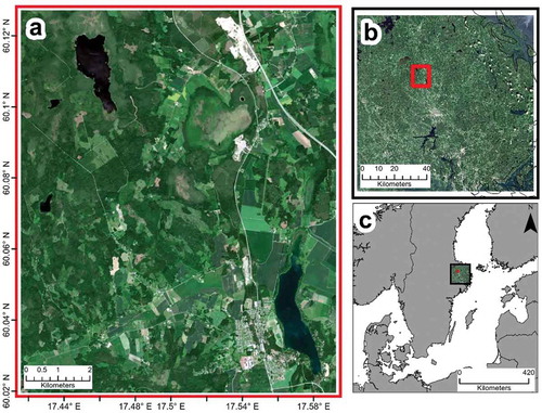 Figure 1. a) Study area; b) location of the study area within the 33VXG Sentinel-2 tile; c) overview of the 33VXG tile’s coverage relative to Sweden and the Baltic region.