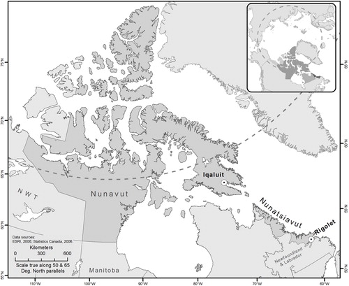 Fig. 2.  A map displaying the 2 partner study communities: Rigolet, Nunatsiavut, and Iqaluit, Nunavut, Canada.