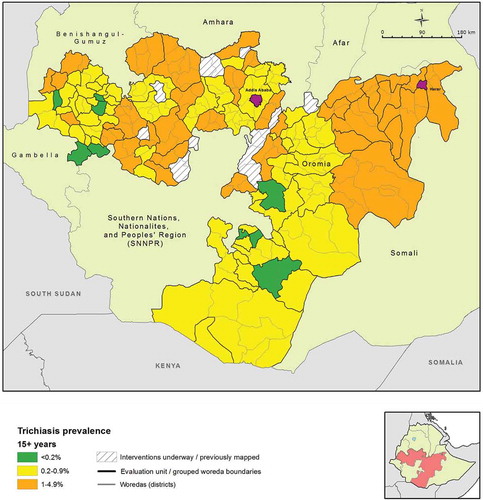 Figure 3. Prevalence of trichiasis in adults aged ≥15 years, Global Trachoma Mapping Project, Oromia, Ethiopia, 2012–2014.
