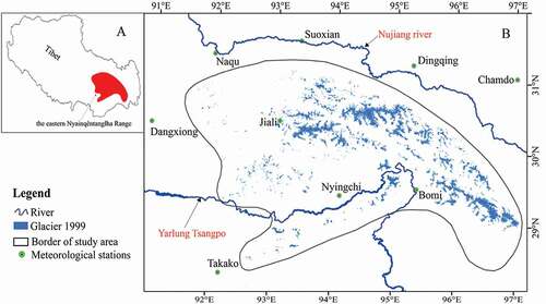 Figure 1. Location map of study region in Tibet (A) and overview of the study area in southeastern Tibet (B)