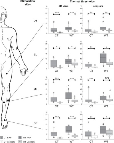 Figure 1 Box plots of thermal thresholds in a group of transthyretin V30M amyloidosis patients with no sign of electrophysiological abnormalities (familial amyloid polyneuropathy [FAP]; n = 23) and a reference group (controls; n = 43), at the dorsum of the foot (DF), medial (ML) and lateral (LL) parts of the lower leg, and ventral part of the thigh (VT). Thermal thresholds are expressed as change in degrees Celsius (absolute values) from an adapted starting temperature of 32°C.Figure reproduced from Heldestad and Nordh,Citation70 with permission from the publisher.
