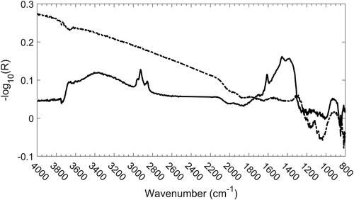 Figure 7. Mid-infrared spectra of 5040 OC (solid line) and EC (dashed line) estimating using spectral subtraction.