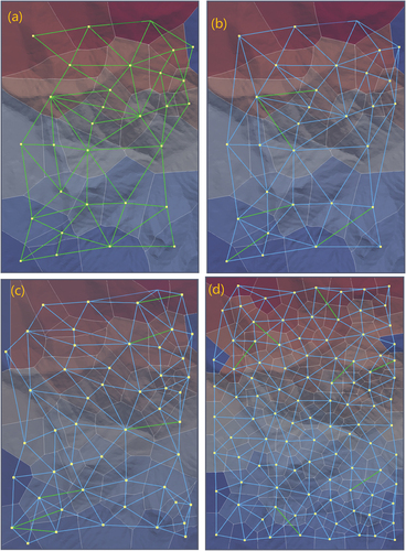 Figure 12. GVD dual TINs compared with the D2D TINs. (a) GVD dual TIN (green) with 30 random sources. (b) D2D TIN (blue) overlaid with the GVD TIN to expose the inconsistent green edges where D2D is potentially incorrect. overlaid TINs for (c) 50 and (d) 100 random sources, with the green edges showing the inconsistencies. The base map consists of the GVD cells rendered with distinct colors.