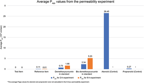 Figure 4 Average Papp values of the test item, reference item, standards (demethoxycurcumin and bisdemethoxycurcumin), and controls (propranolol and atenolol) during the 2-hour and 6-hour permeability experiments. *The average Papp values for atenolol and propranolol were not calculated in the 6-hour permeability experiment.