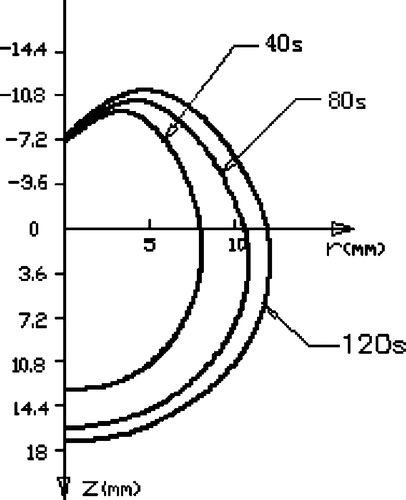 Figure 5. Heating pattern (54°C contours) at 60 W with a cooling water velocity of 0.44 m/s at different times.