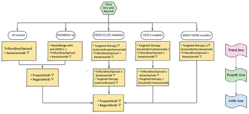 Figure 2. Proposal of novel treatment algorithm for metastatic colorectal cancer patients from third line and beyond. Legend▽ Evidence from phase III trial ○ If ct-DNA negative for RAS and BRAF mutations□ Evidence from phase II trial △ If not used in second line (which remains the best choice).
