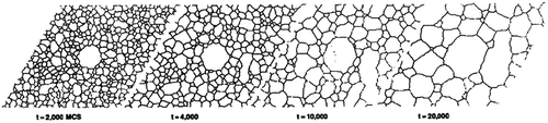 Figure 14. Growth of a large grain in otherwise normal grain growth microstructure. The large grain was introduced as a circular grain with the initial size of R0=5R¯ [Citation42]. Over-lined R¯ stands for average grain size.