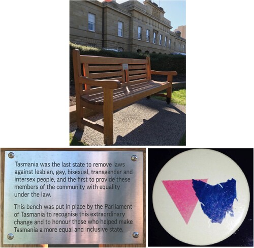 Figure 5. TGLRG badge, Equality Chair, Plaque, Tasmania. Photos: Odette Mazel.