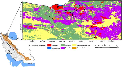 Figure 1. Major structural zones of Iran (after Nabavi, Citation1976) and the location of the Ahar–Arasbaran area in these zones and a modified and simplified geologic map of it (after Abdolahi & Hosseini, Citation1996; Amini,Citation1994; Asadian, Citation1993; Asadian, Mirzaee, Mohajjel, & Hadjialilu, Citation1994; Babakhani & Nazer, Citation1991; Faridi & Haghfarshi, Citation2006; Mahdavi & Amini Fazl, Citation1988; Mehrpartou, Citation1997, Citation1999; Mehrpartou, Aminifazl, & Radfar, Citation1992).