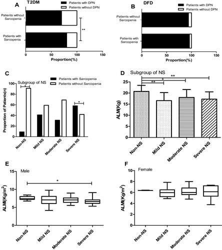 Figure 1 (A) The proportion of DPN in patients of T2DM with or without sarcopenia. (B) The proportion of DPN in patients of DFD with or without sarcopenia. (C) The proportion of patients with sarcopenia and without sarcopenia in four NS of different degrees in patients with DFD. (D) The appendicular lean mass in four NS of different degrees in patients with DFD. (E) The ALMI in four NS of different degrees in male patients with DFD. (F) The ALMI in four NS of different degrees in female patients with DFD. *P < 0.05; **P < 0.01.Abbreviations: ALM, appendicular lean mass; ALMI, appendicular lean mass index; NS, neuropathy symptom.