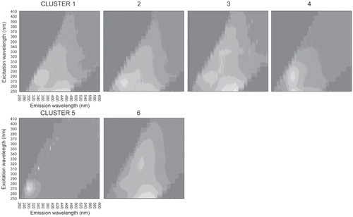 FIGURE 6. The average excitation emission matrix (EEM) for each cluster as identified by the cluster analysis. Lighter shades indicate higher fluorescence intensity.