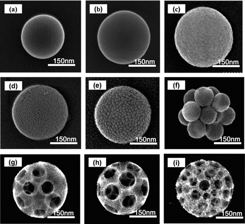 FIG. 4 FE-SEM images of: standard particles, (a) S1, (b) S2, (c) S3; samples of aggregated particles, (d) A, (e) B, (f) C; and, samples of ordered porous particles, (g) D, (h) E, and (i) F. The details of the operation conditions are summarized in Table 1.