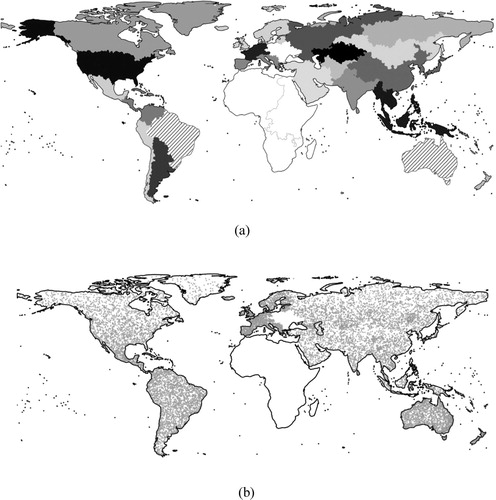 Figure 5. (a) Validation regions. Grey tones indicate regions interpreted by single interpreters; hatch patterns indicate regions interpreted by two interpreters; white fills indicate regions outside the scope of this paper’s experiment. (b) Distribution of sample sites (grey dots) in the scope of this paper experiment.