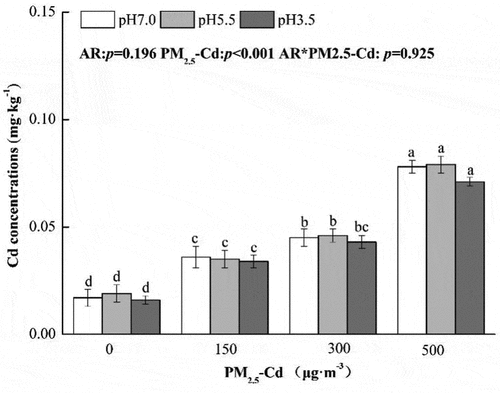 Figure 2. Changes of the Cd concentrations under different simulated AR and PM2.5-Cd treatments.
