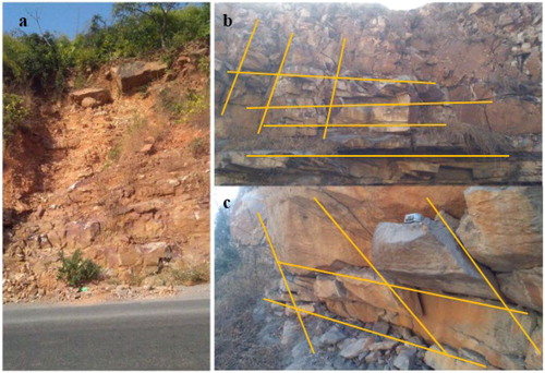Figure 1. Slope sections of Markundi area showing (a) minor shear zone, (b) variable block size, and (c) opening of joint aperture due to uncontrolled blasting.