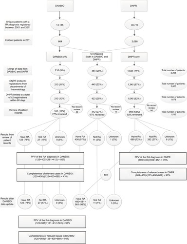 Figure 1 Results from data retrieval and merged data between the Nationwide Clinical Register for Patients with Rheumatoid Arthritis (DANBIO) and the Danish National Patient Registry (DNPR), as well as from medical file review; n (%), positive predictive values (PPV), and registry completeness of relevant RA cases.