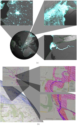 Figure 12. Multilevel focus+context visualization on the globe. (a) Population densities in different parts of the world (data sources: 1, 2, 5). (b) Calgary water bodies and flood projection (data sources: 4, 10, 11).