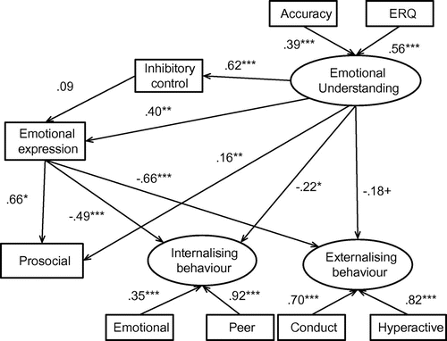 Figure 1. Structural equation model depicting associations between emotional processing and behavioural constructs for the full sample.